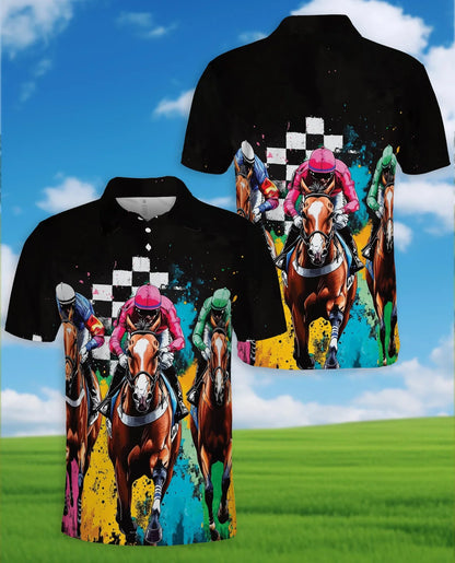 Artistic Colorful Horse Racing Polo Shirt for Men, Equestrian Art Style | Azhawaiian