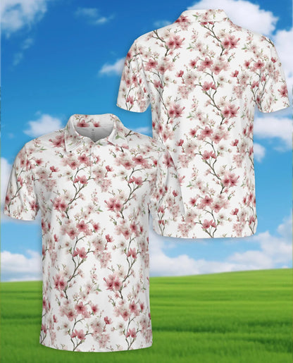 Cherry Blossom Pattern Polo Shirt for Men, Japanese Floral Style | Azhawaiian