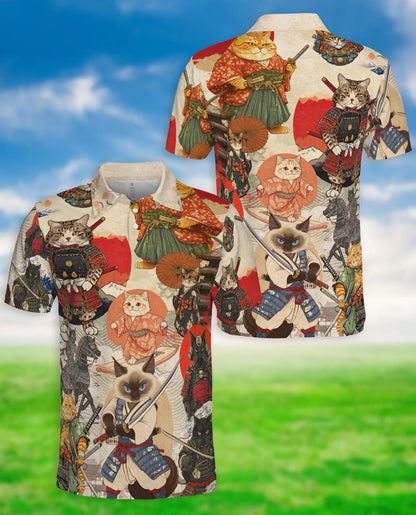 Samurai Cat 3D Polo Shirt for Men, Japanese Warrior Anime Style | Azhawaiian