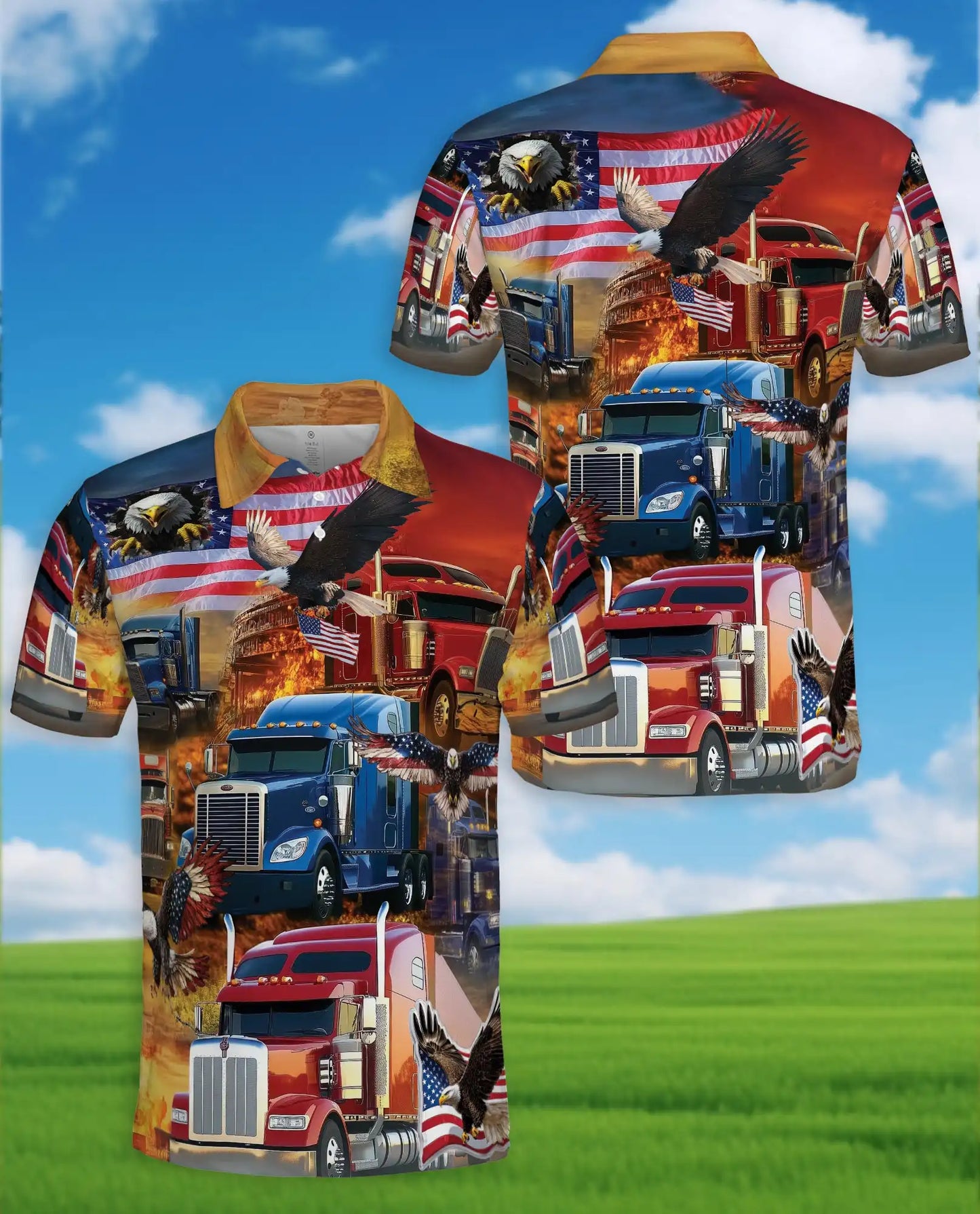 Patriotic Trucker Polo Shirt - American Flag Eagle Semi Truck Design | Azhawaiian