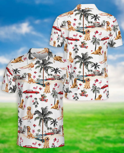 Golden Retriever Tropical 3D Polo Shirt for Men, Beach Vacation Island Style | Azhawaiian