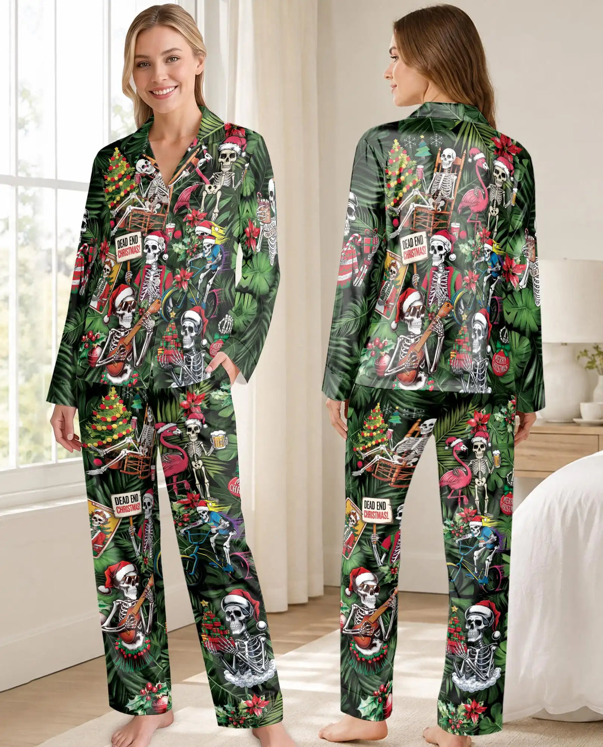 Tropical Christmas Skeleton Pajama Set for Women – Gothic Holiday Print
