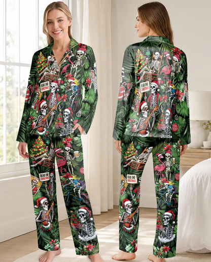 Tropical Christmas Skeleton Pajama Set for Women – Gothic Holiday Print