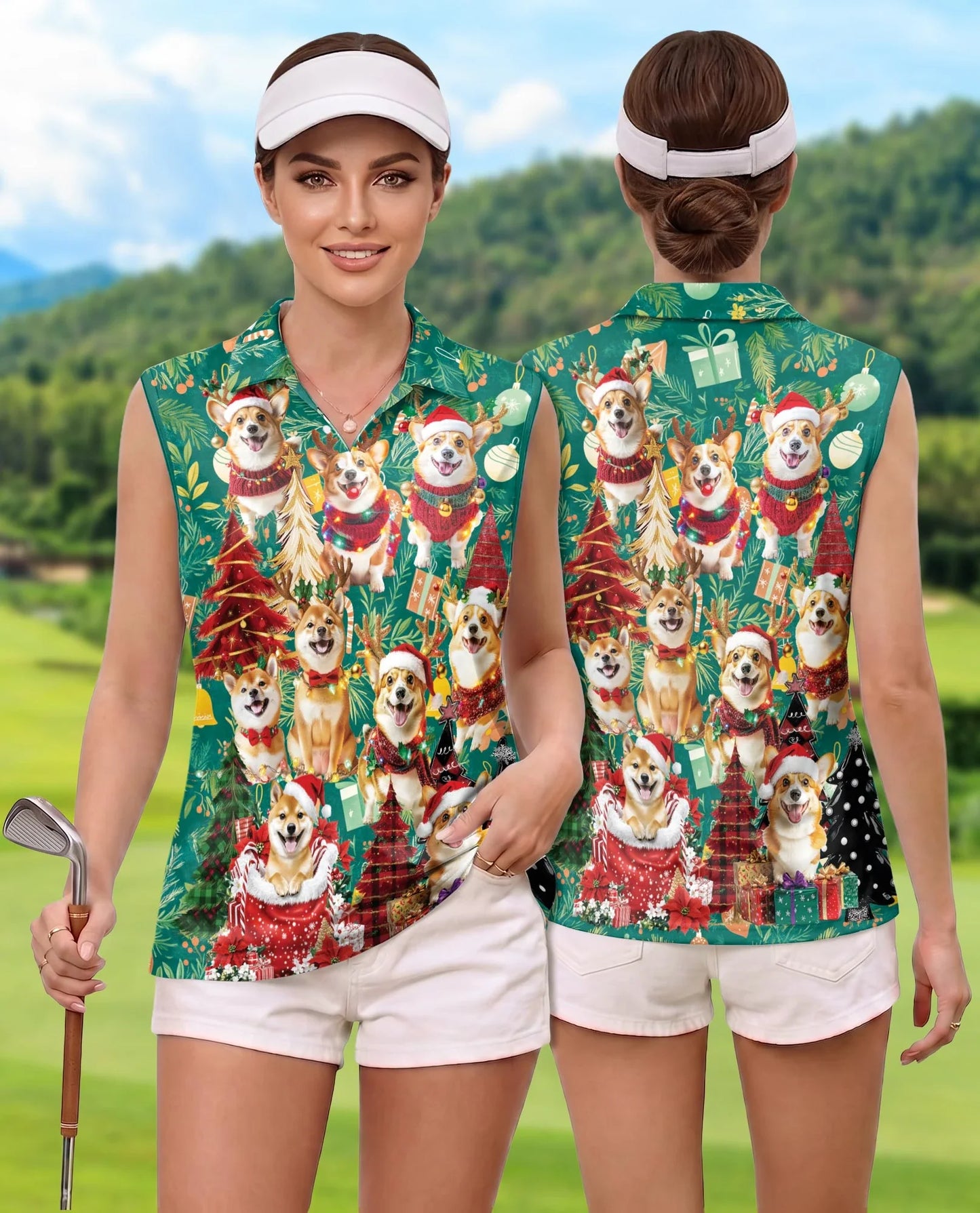 Christmas Corgi Sleeveless Polo Shirt for Women, Cute Dog Holiday Style | Azhawaiian