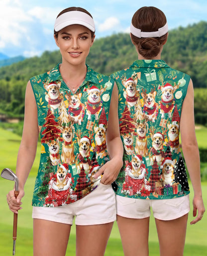 Christmas Corgi Sleeveless Polo Shirt for Women, Cute Dog Holiday Style | Azhawaiian