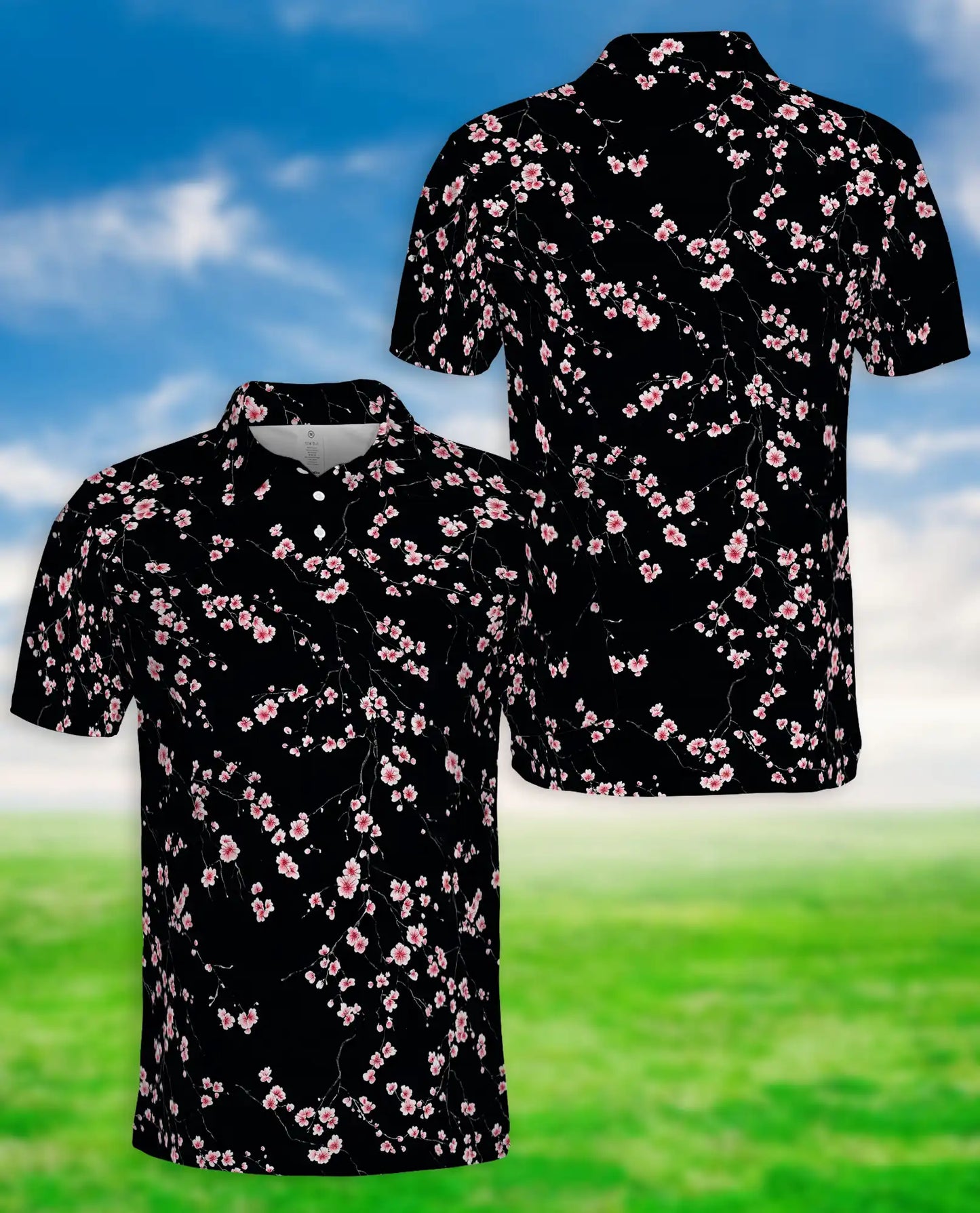 Black Cherry Blossom Hawaiian 3D Polo Shirt | Azhawaiian