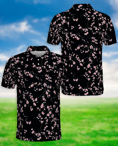 Black Cherry Blossom Hawaiian 3D Polo Shirt | Azhawaiian