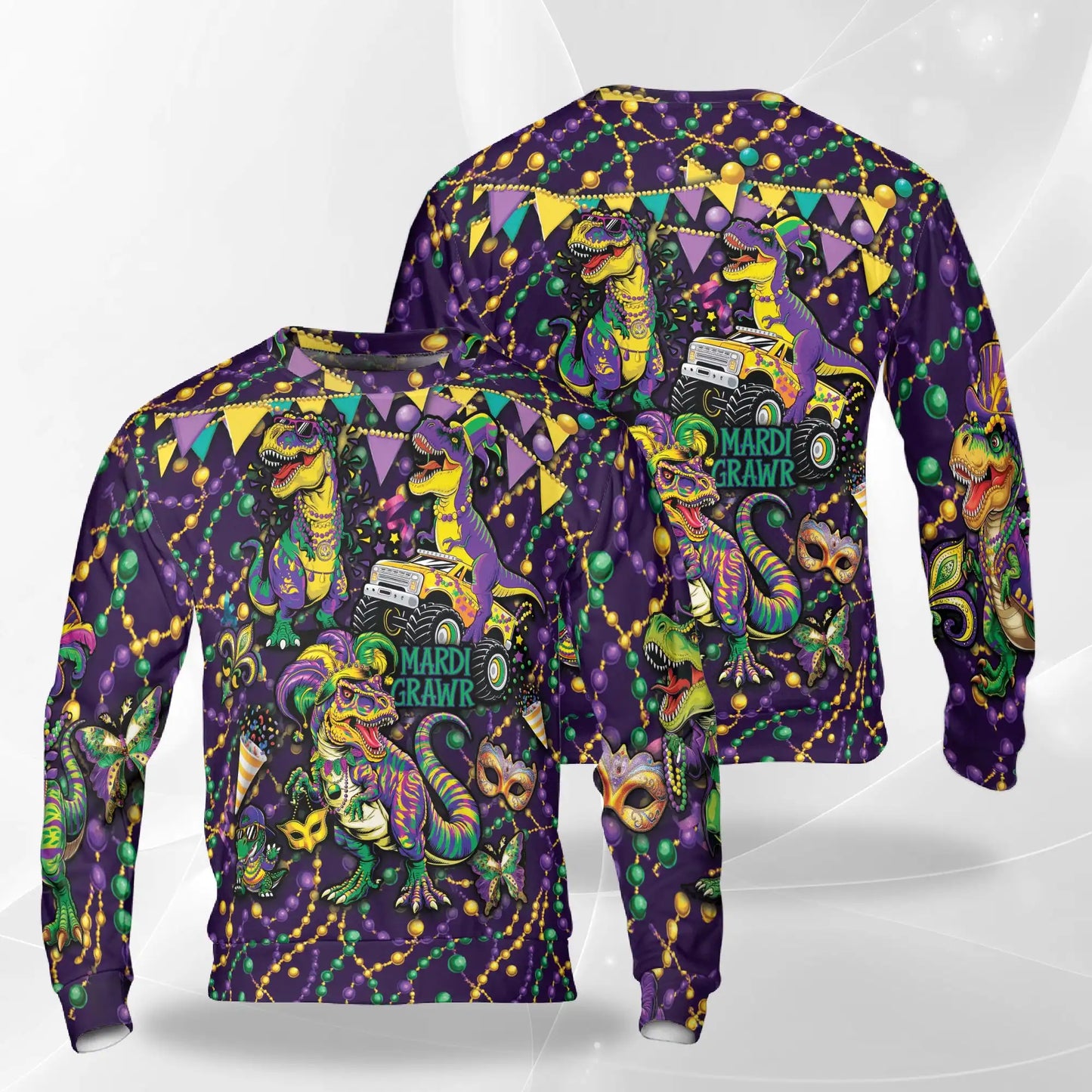 Mardi Gras Dinosaur Sweatshirt – Colorful Graphic 3D All Over Print Design
