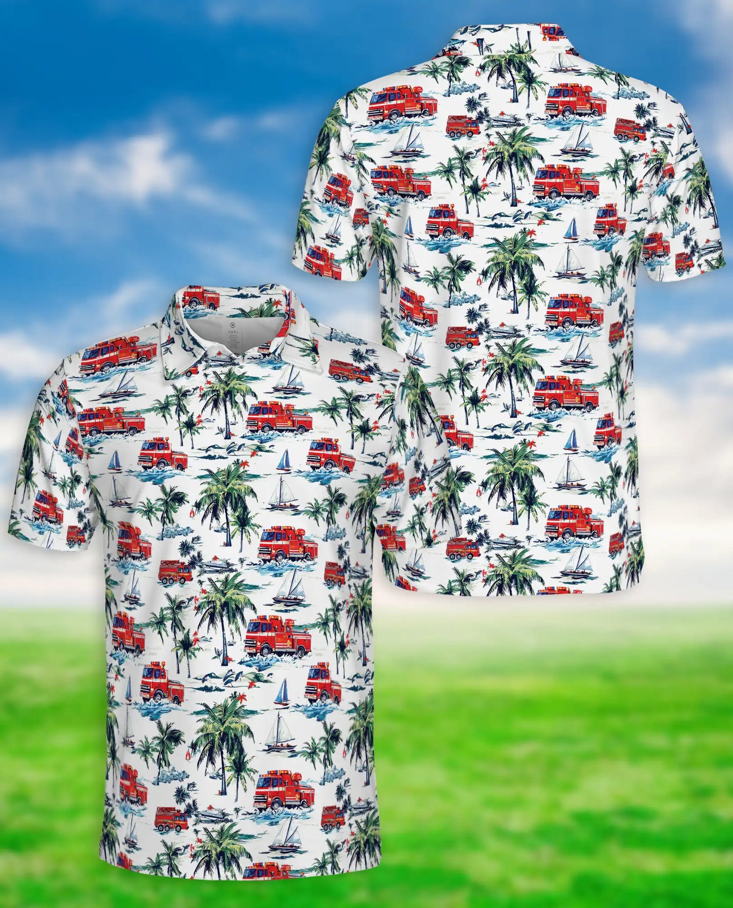 Fire Truck Beach Pattern Polo Shirt | Azhawaiian