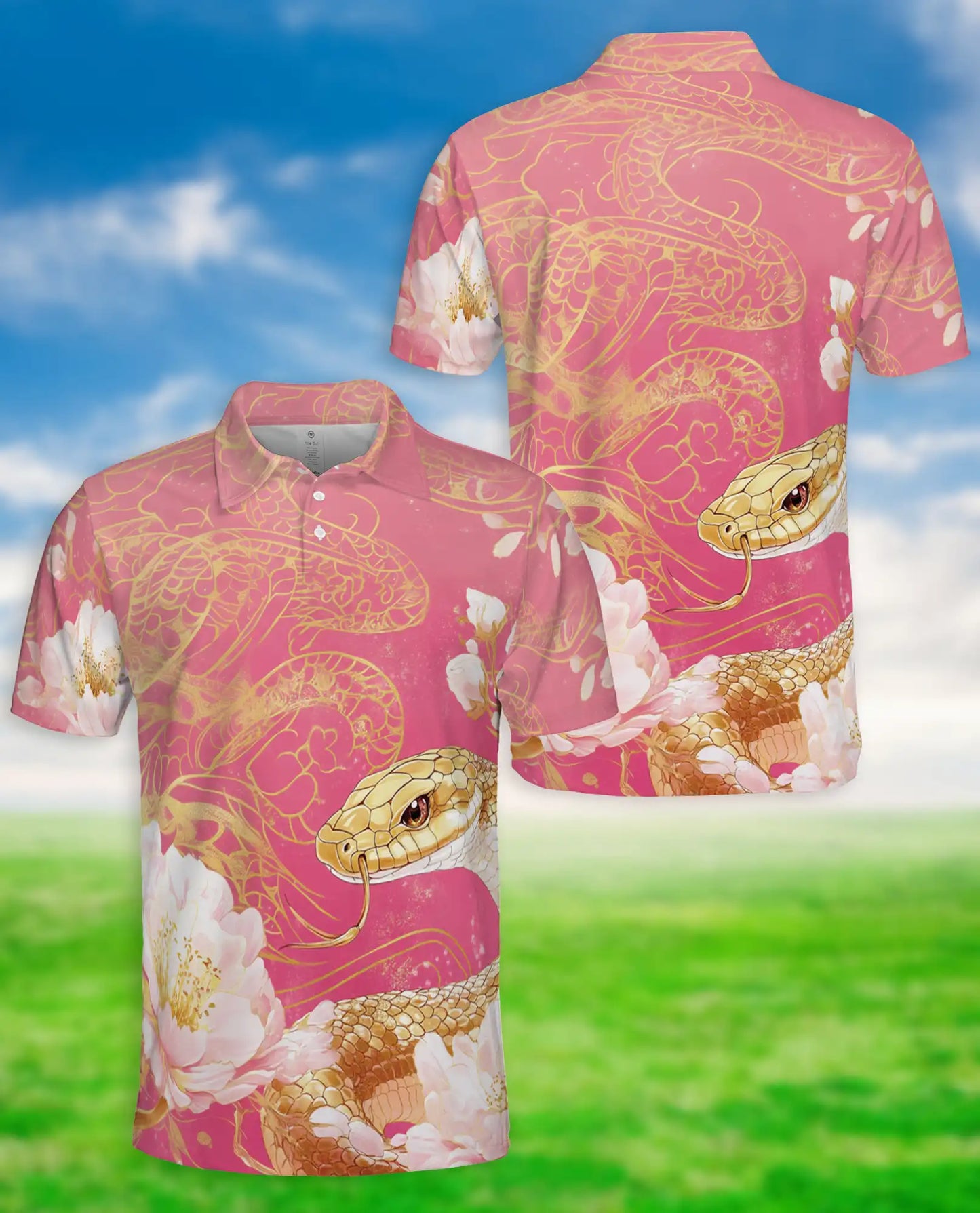 Snake Floral Polo Shirt, Gold Serpent Print | Azhawaiian