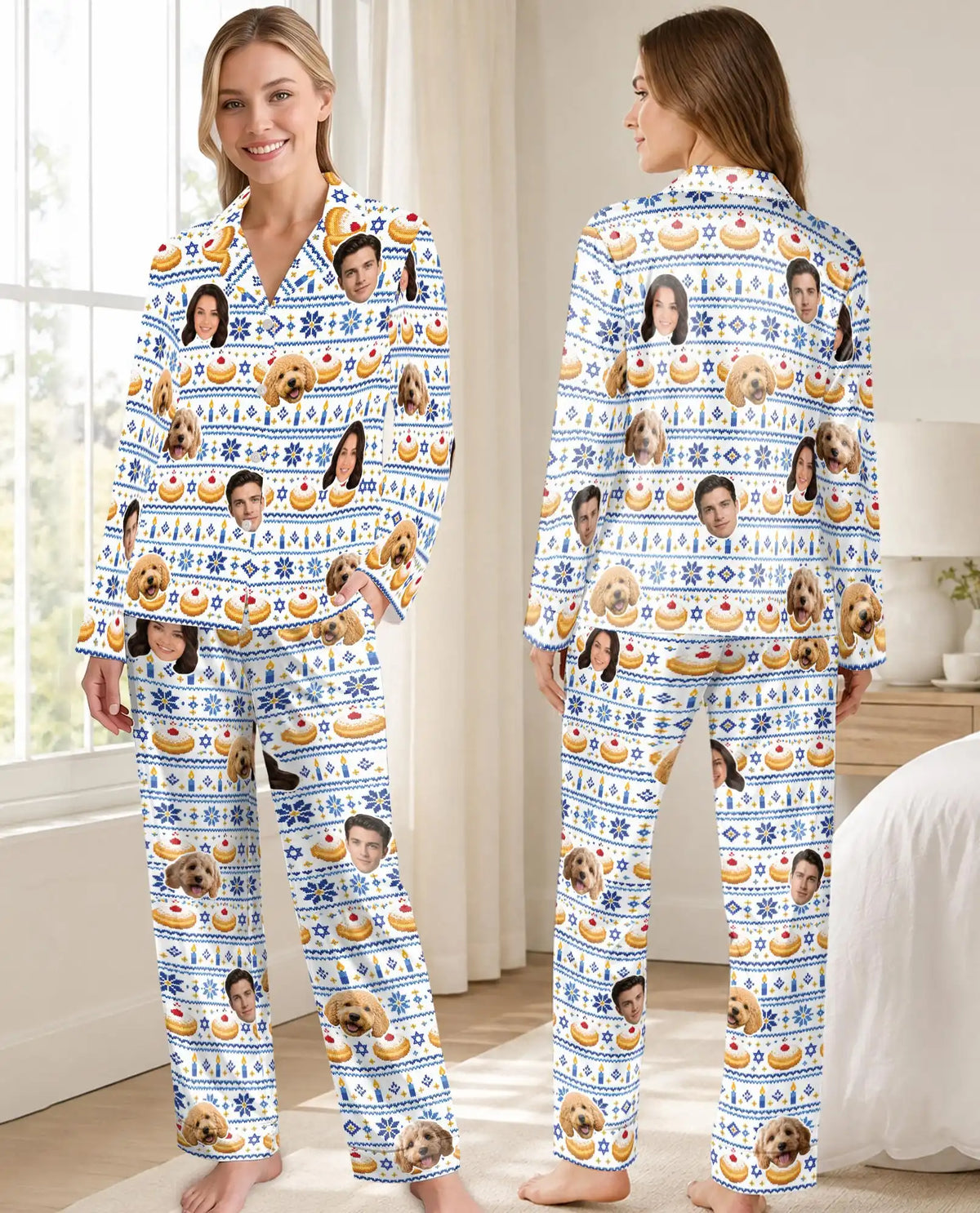 Personalized Hanukkah Sufganiyot Pajamas for Women – Custom Face & Pet Photo Print