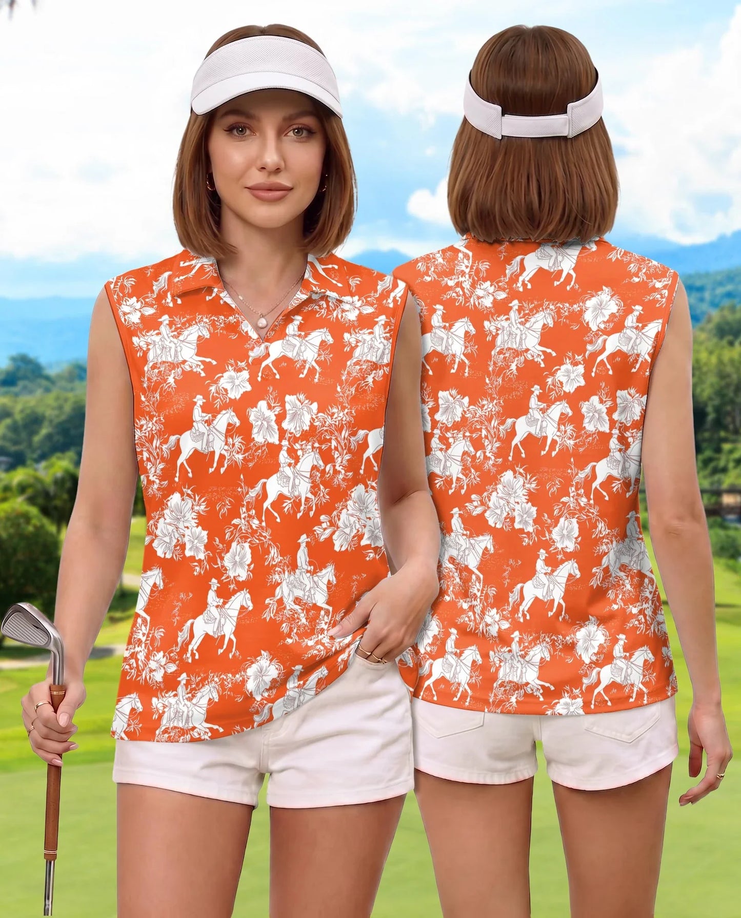 Orange Equestrian Horse Floral Sleeveless Polo Shirt for Women | Azhawaiian