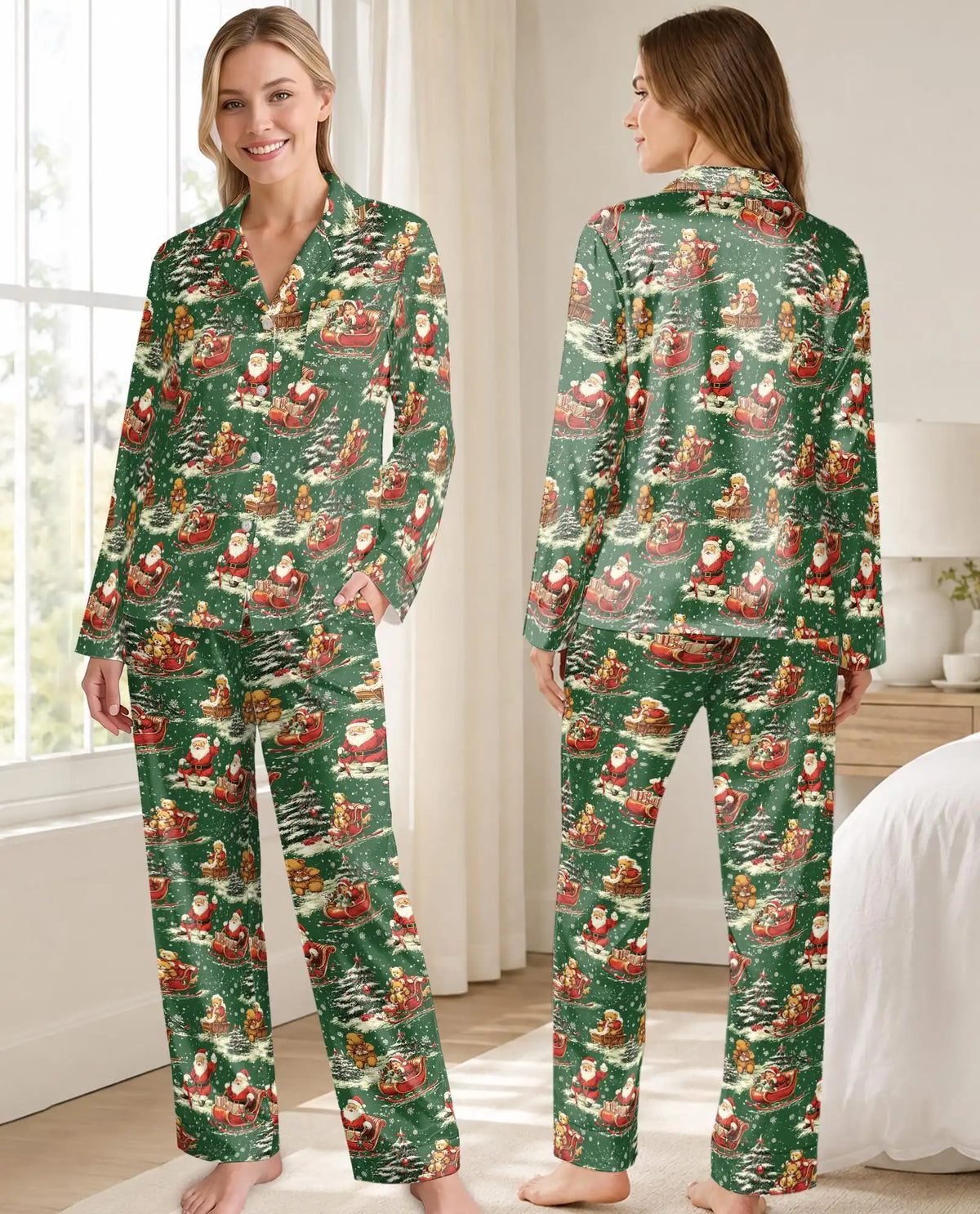 Vintage Santa and Teddy Bear Pajama Set for Women – Christmas Print