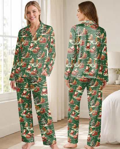 Vintage Santa and Teddy Bear Pajama Set for Women – Christmas Print