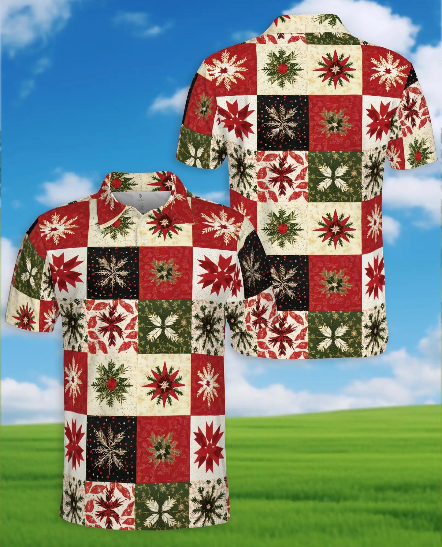 Christmas Quilt Polo Shirt, Festive Snowflake Print | Azhawaiian