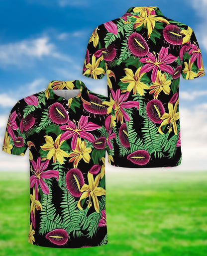 Tropical Floral 3D Polo Shirt for Men, Exotic Jungle Flower Style | Azhawaiian