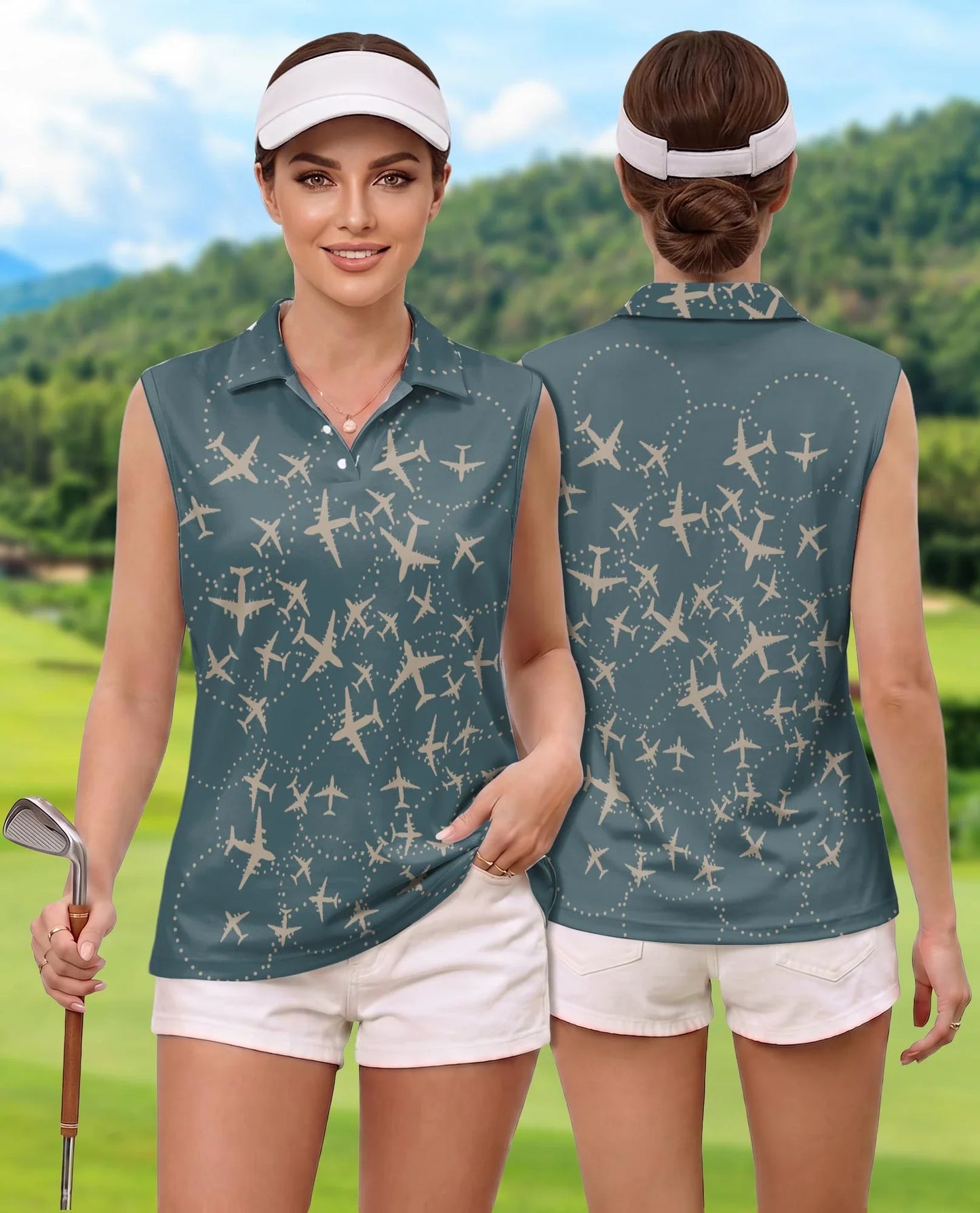 Airplane Pattern Sleeveless Polo Shirt for Women | Azhawaiian