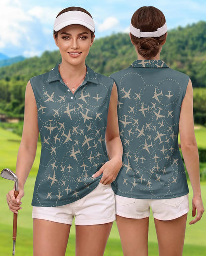 Airplane Pattern Sleeveless Polo Shirt for Women | Azhawaiian