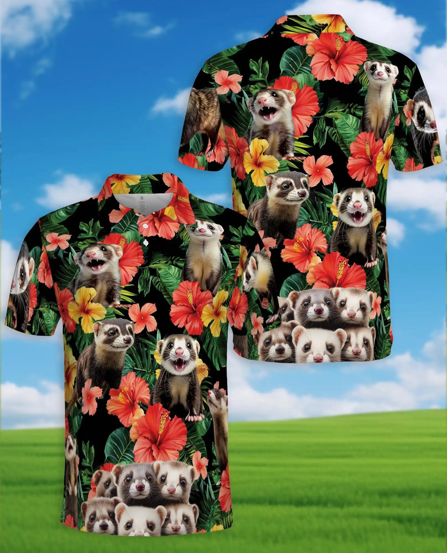 Funny Ferret Tropical Polo Shirt - Exotic Pet Hawaiian Style | Azhawaiian