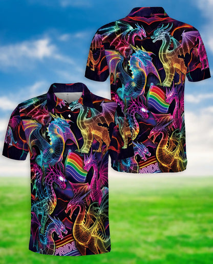Pride Rainbow Dragon Polo Shirt for Men-Neon Fantasy Dragon Shirt | Azhawaiian