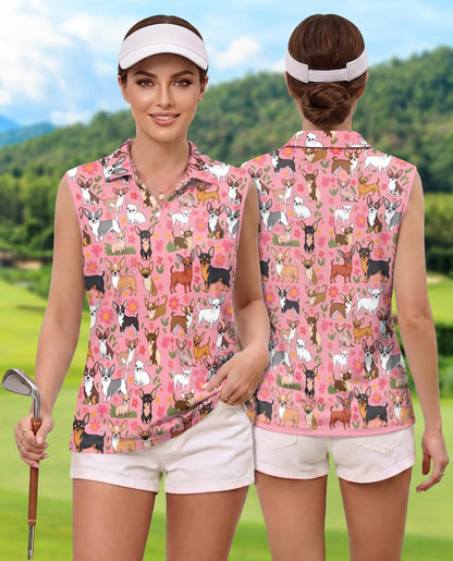 Floral Chihuahua Sleeveless Polo Shirt for Women | Azhawaiian