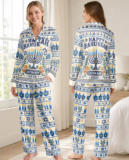 Personalized Hanukkah Pajama Set for Women – Custom Name & Year Menorah Print