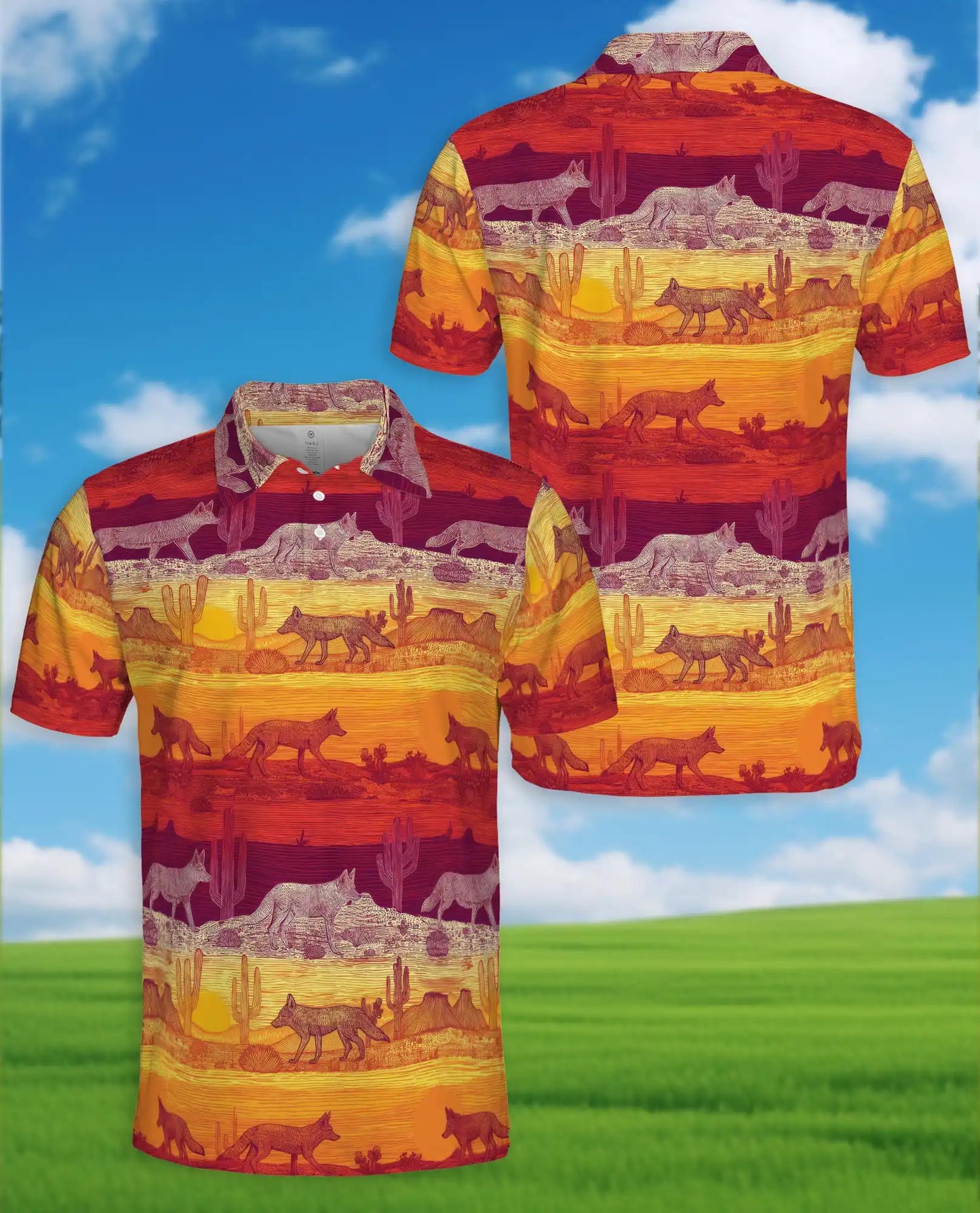 Desert Coyote Polo Shirt for Men, Western Sunset Style | Azhawaiian