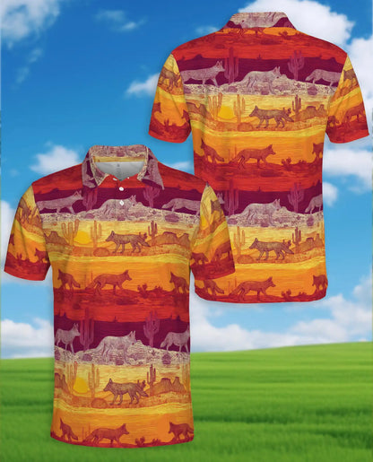 Desert Coyote Polo Shirt for Men, Western Sunset Style | Azhawaiian