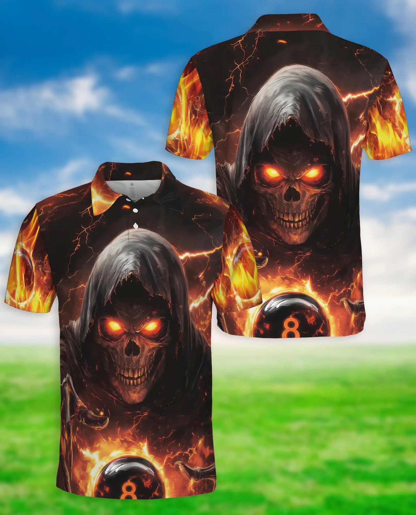 Dark Grim Reaper Skull 3D Polo Shirt for Men, Fiery Gothic Horror Style | Azhawaiian