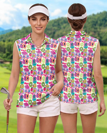 Mixed Fruit Print Sleeveless Polo Shirt for Women | Azhawaiian