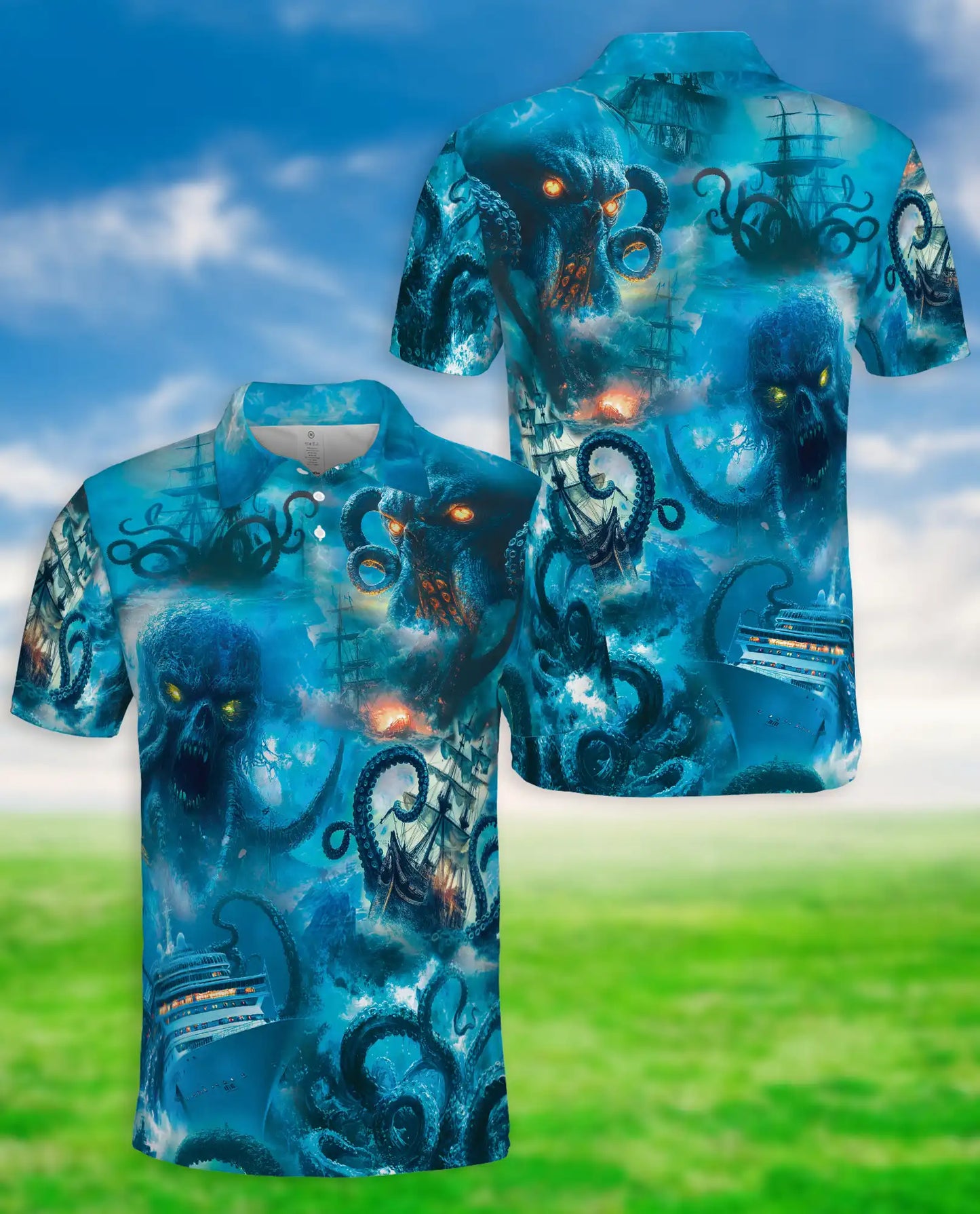 Kraken Ocean Polo Shirt, Sea Monster Horror Print | Azhawaiian