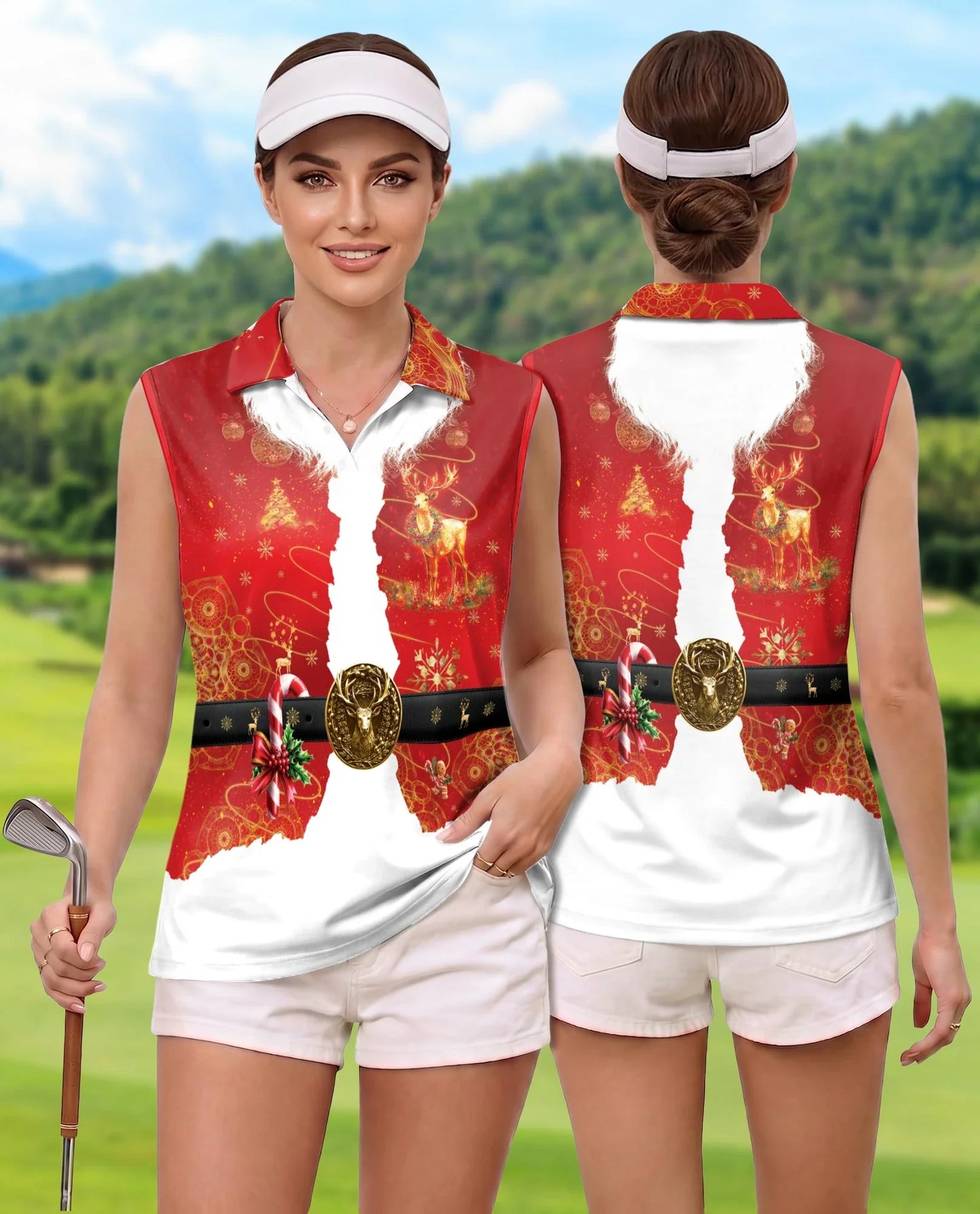 Santa Claus Christmas Costume Sleeveless Polo Shirt for Women | Azhawaiian