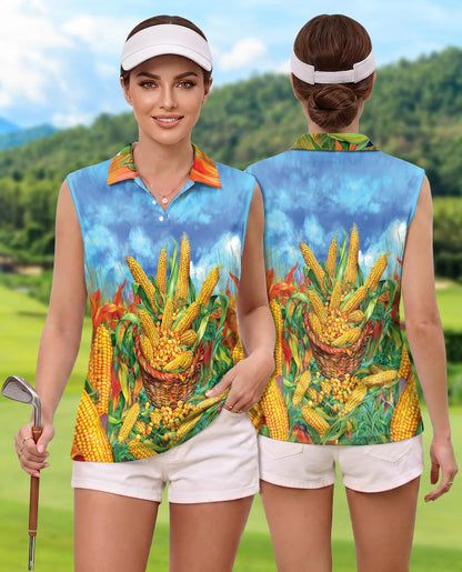 Corn Pattern Sleeveless Polo Shirt for Women | Azhawaiian
