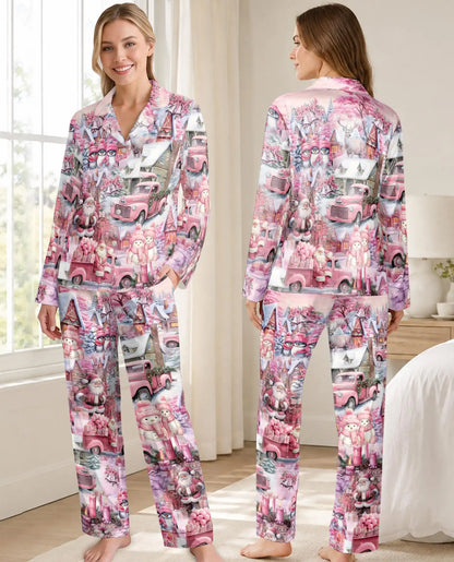 Pink Christmas Truck Pajama Set for Women – Santa & Snowman Print