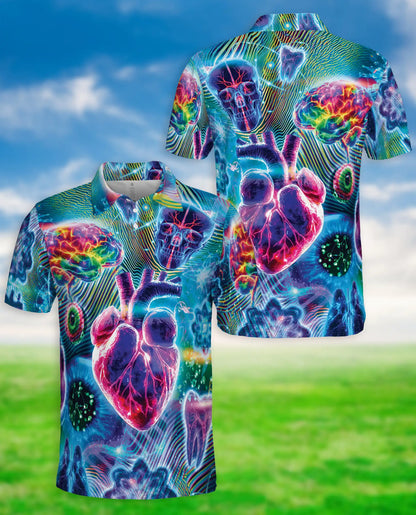 Medical  Polo Shirt, Neon Brain Heart Skull Design | Azhawaiian