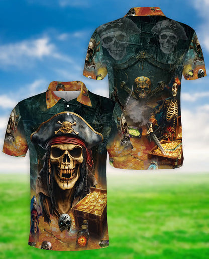 Pirate Skull Polo Shirt, Treasure Hunter Print | Azhawaiian