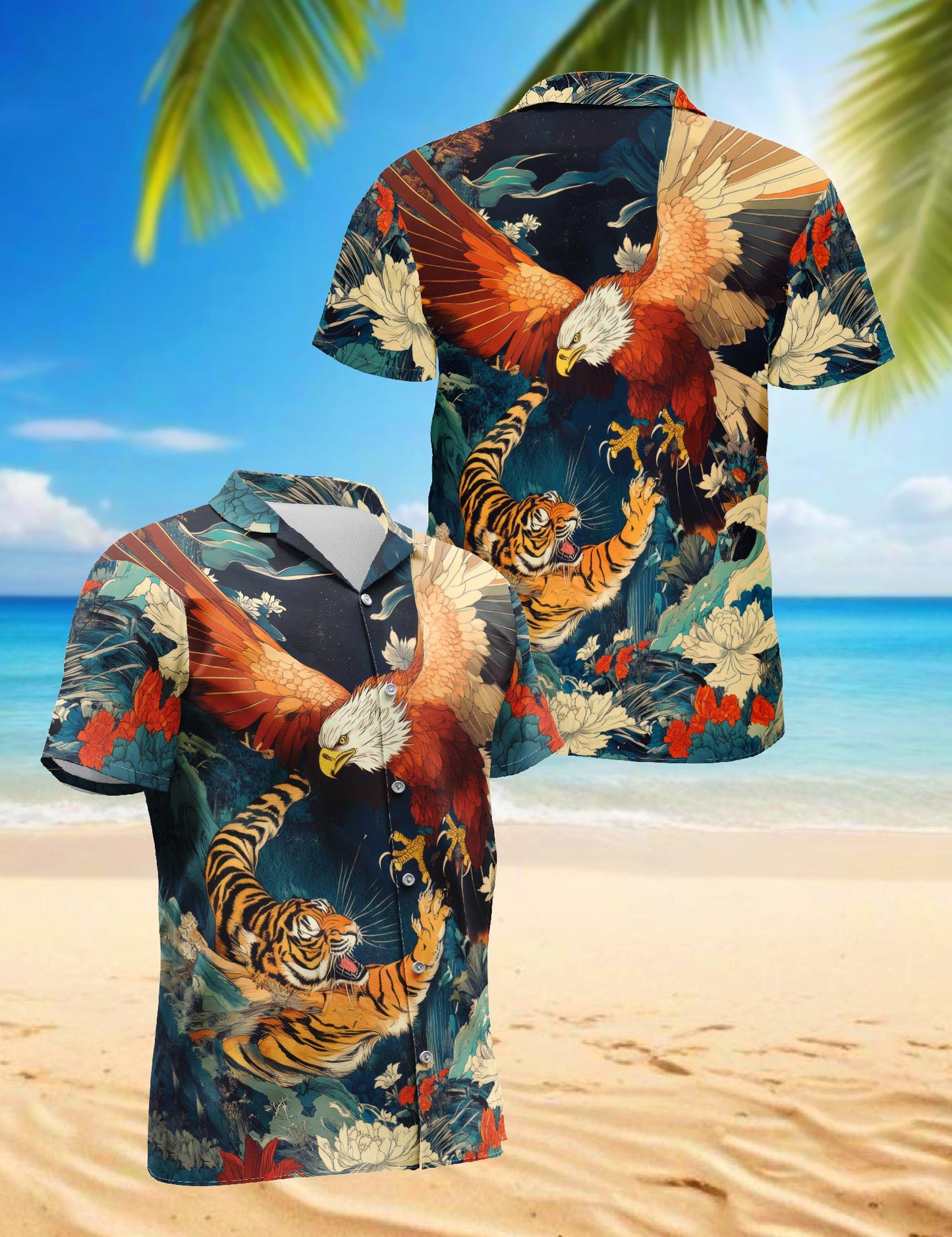 Eagle and Tiger Battle Hawaiian Shirt for Men, Button Down Aloha Shirt - Azhawaiian