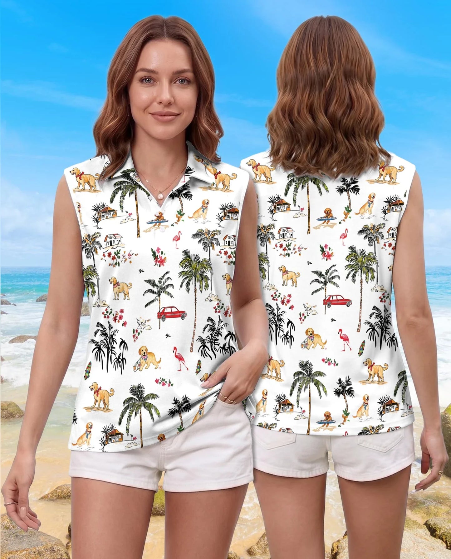 Golden Retriever Beach Sleeveless Polo Shirt for Women | Azhawaiian