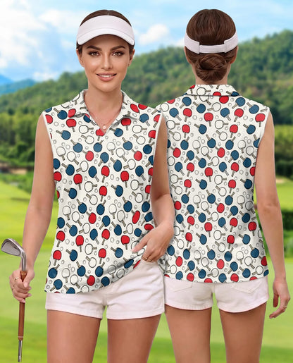 Ping Pong Pattern Sleeveless Polo Shirt for Women | Azhawaiian
