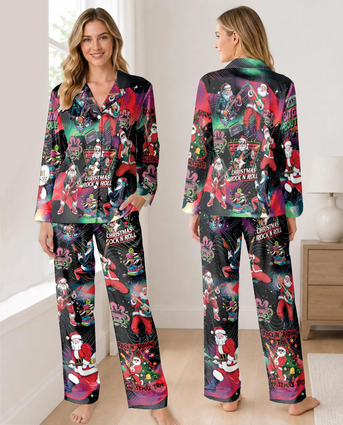 Christmas Rock and Roll Pajama Set for Women – Guitar Santa Print
