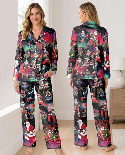 Christmas Rock and Roll Pajama Set for Women – Guitar Santa Print
