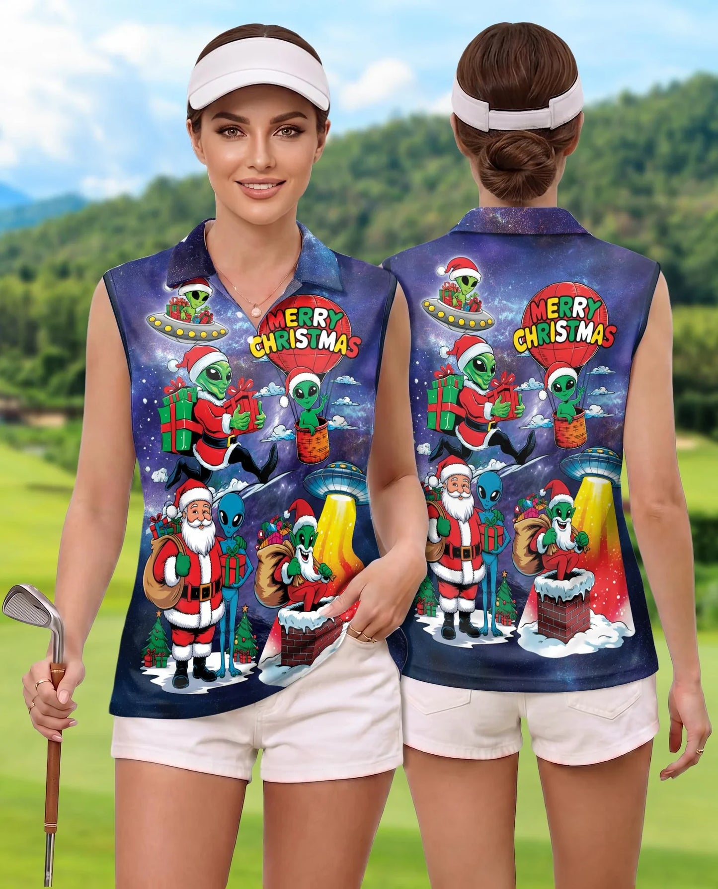 Alien Santas Christmas in the Galaxy Sleeveless Polo Shirt for Women | Azhawaiian