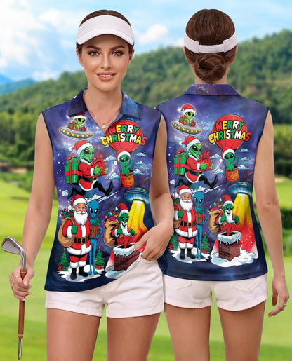 Alien Santas Christmas in the Galaxy Sleeveless Polo Shirt for Women | Azhawaiian