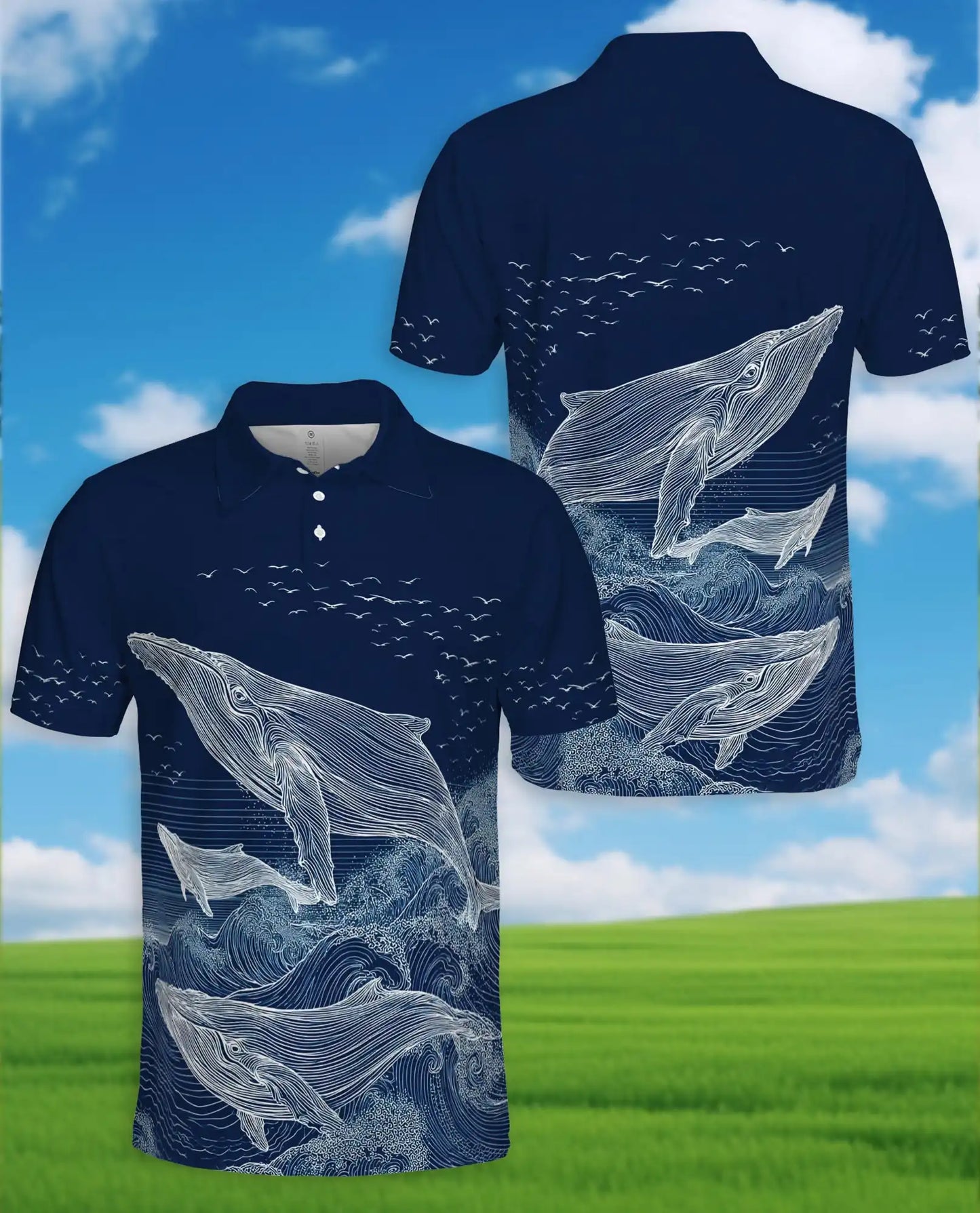 Whale Polo Shirt - Ocean Wave Marine Life Coastal Design | Azhawaiian