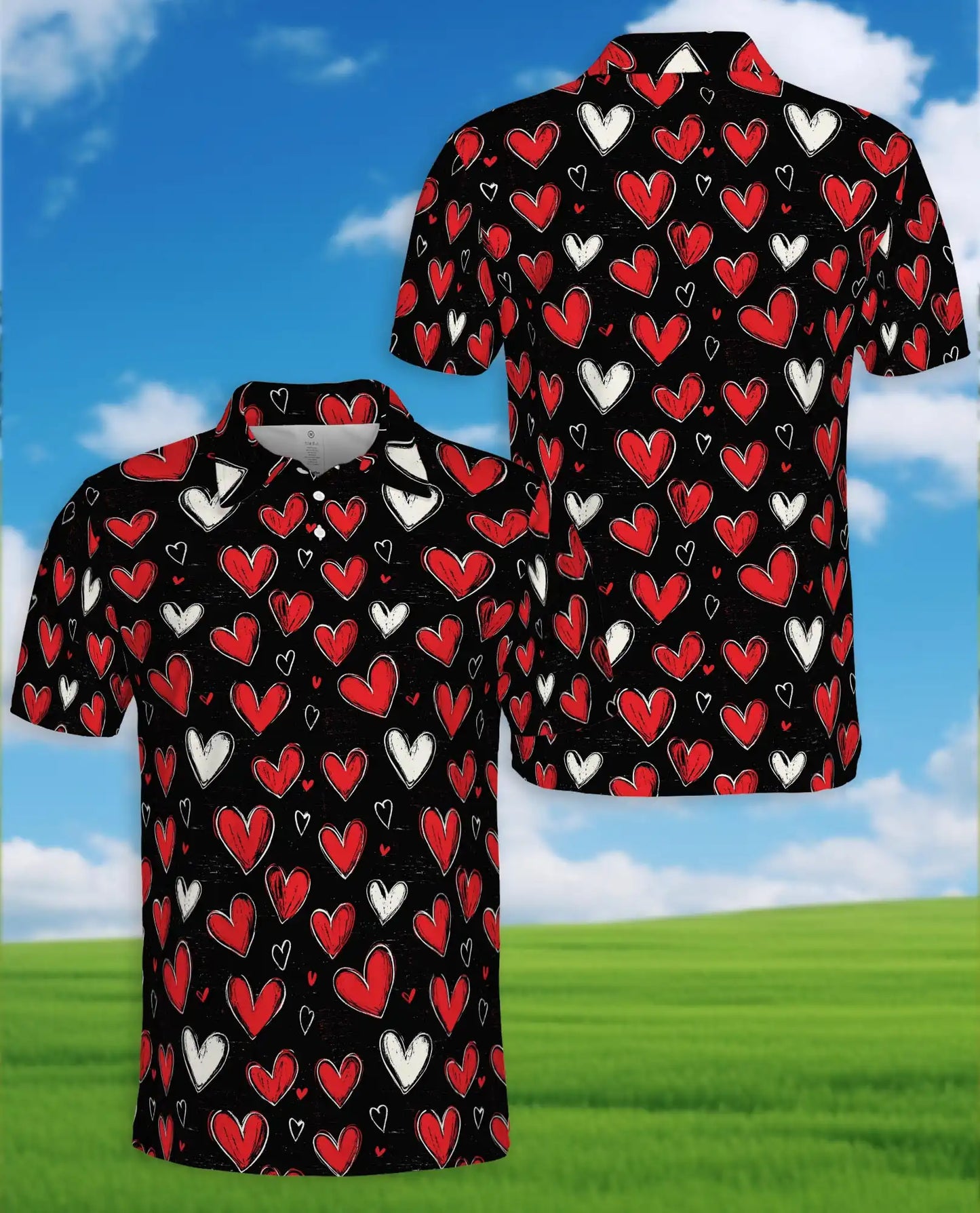 Heart Pattern Polo Shirt for Men- Love Heart Print Shirt | Azhawaiian