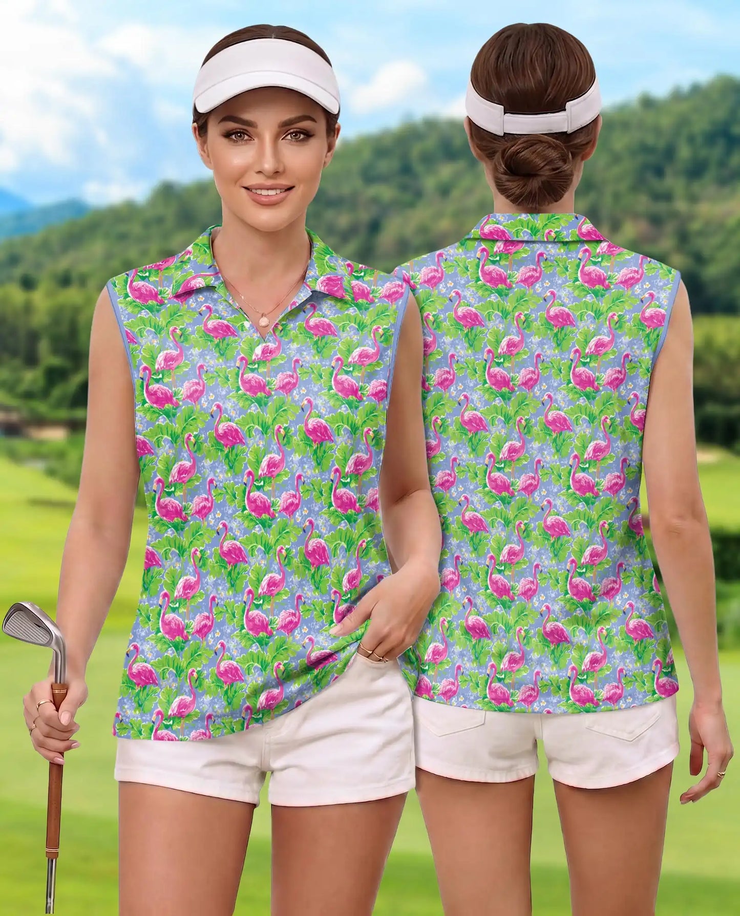 Watercolor Tropical Flamingo Sleeveless Polo Shirt for Women, Artistic Summer Style | Azhawaiian