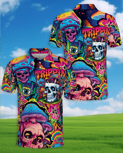 Trippy Psychedelic Skull Polo Shirt for Men, Colorful Mushroom Art | Azhawaiian