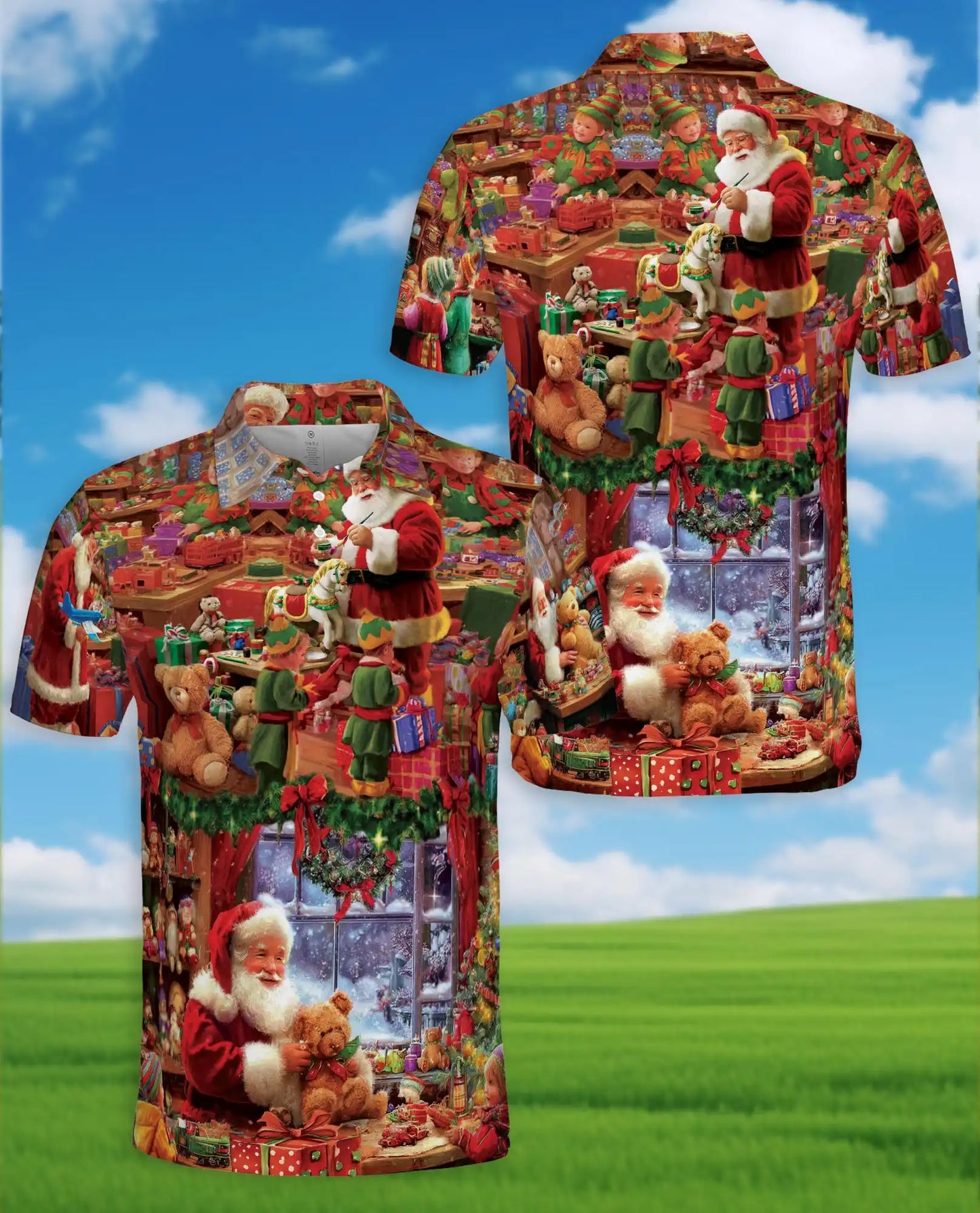Santa Workshop Polo Shirt, Cozy Christmas Toy Print | Azhawaiian