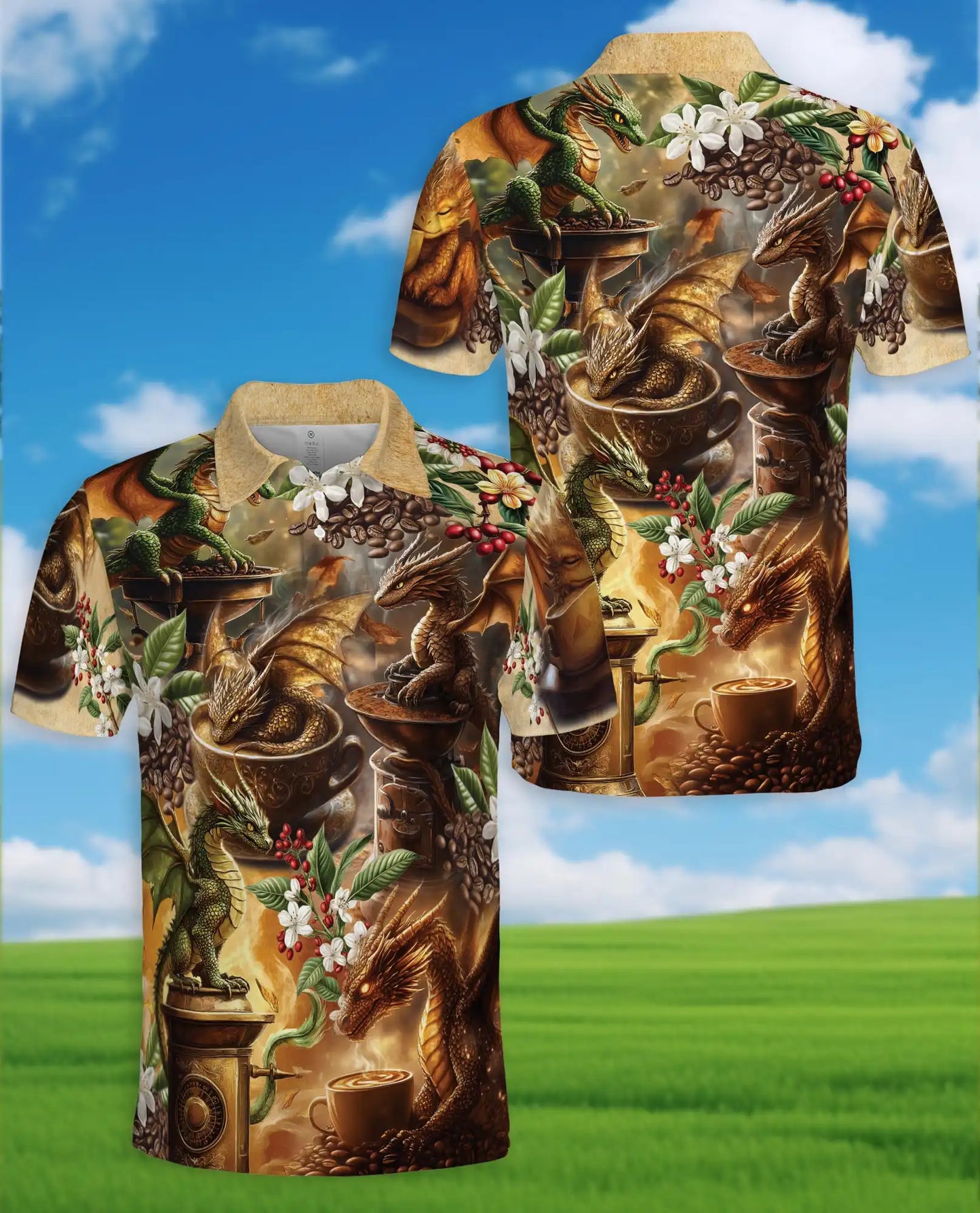 Coffee Dragon Polo Shirt for Men - Fantasy Coffee Lover | Azhawaiian