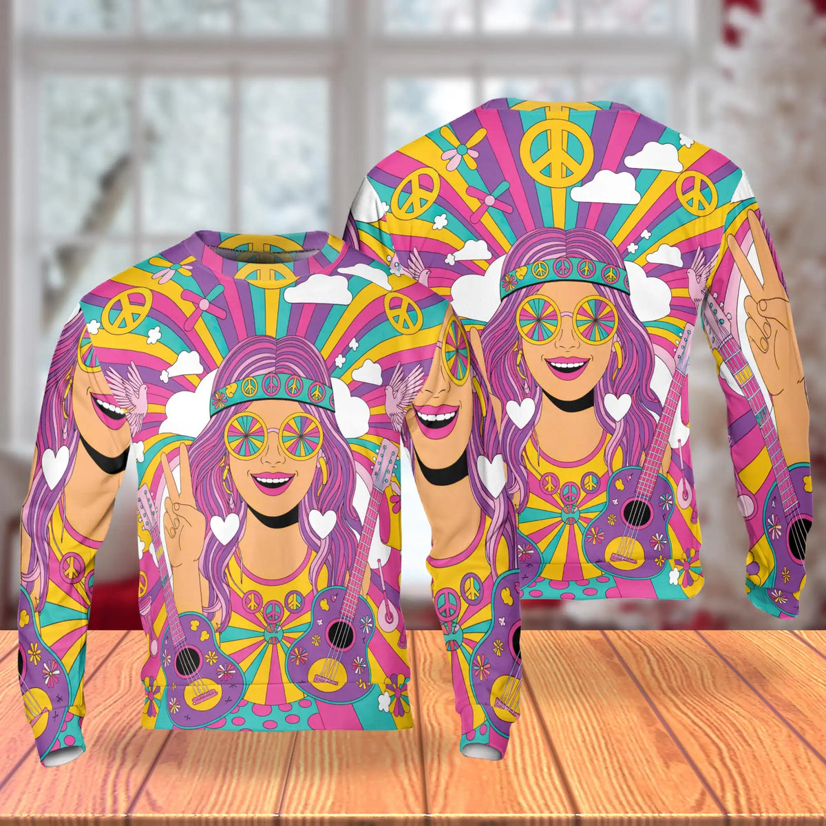 Guitar Hippie Girl Sweatshirt – Colorful Graphic 3D All Over Print Design